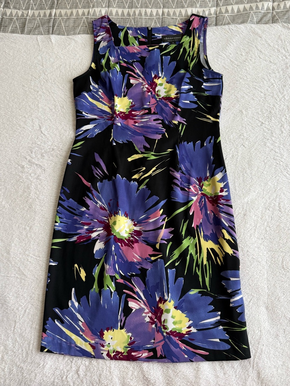 Connected Apparel Black Floral Mini Dress with Purple, Yellow & Green Accents
